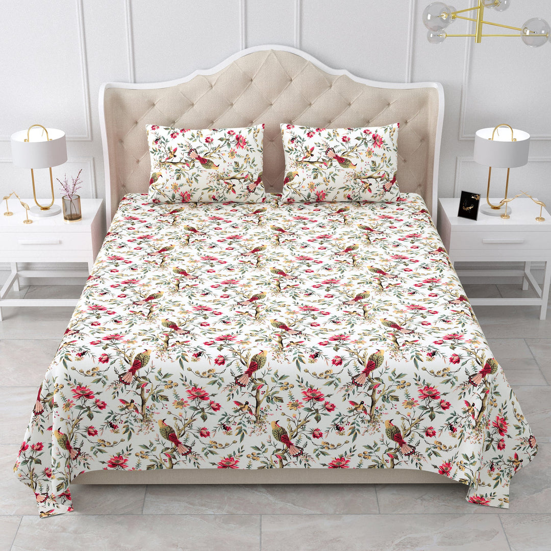 Bella Casa Fashion & Retail Ltd BEDSHEET 95 X 108 Inch / Multi Color / Cotton Double King Size Bedsheet Set Cotton with 2 Pillow Covers Floral Design Multi Colour - Snow Petals Collection