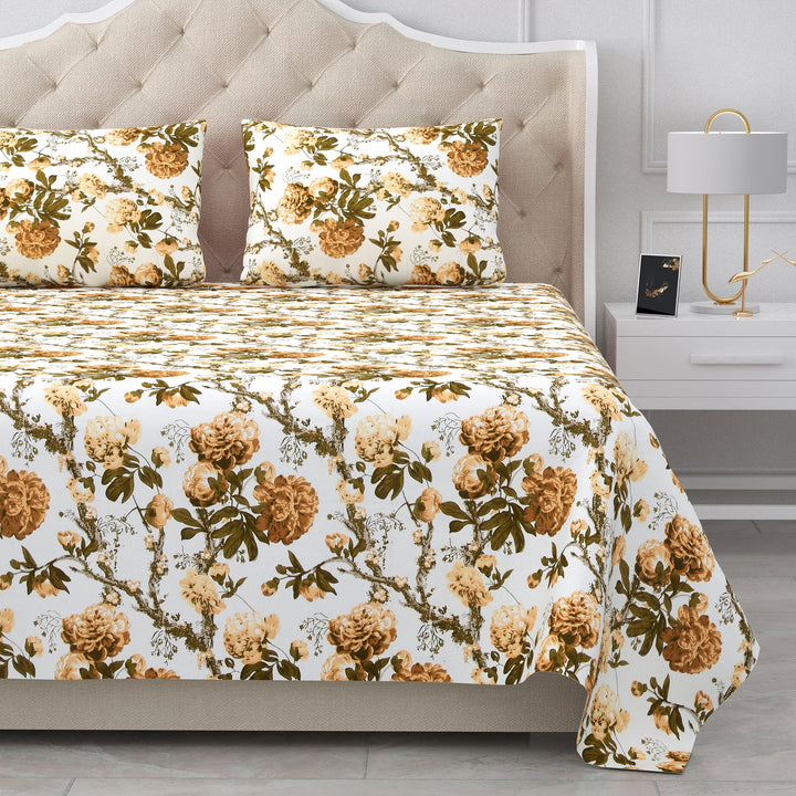 Bella Casa Fashion & Retail Ltd BEDSHEET 95 X 108 Inch / Yellow & Brown / Cotton Double King Size Bedsheet Set Cotton with 2 Pillow Covers Floral Design Yellow & Brown Colour - Snow Petals Collection