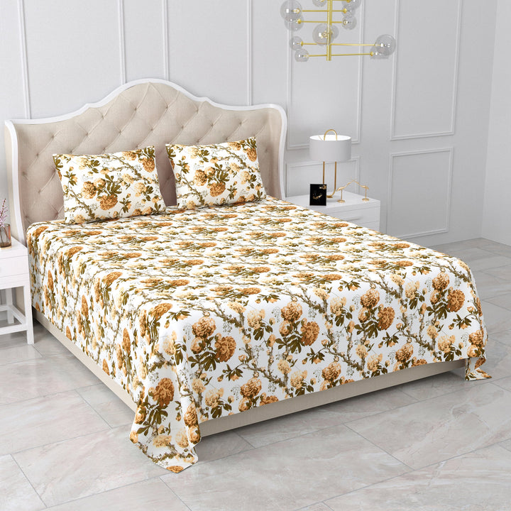 Bella Casa Fashion & Retail Ltd BEDSHEET 95 X 108 Inch / Yellow & Brown / Cotton Double King Size Bedsheet Set Cotton with 2 Pillow Covers Floral Design Yellow & Brown Colour - Snow Petals Collection