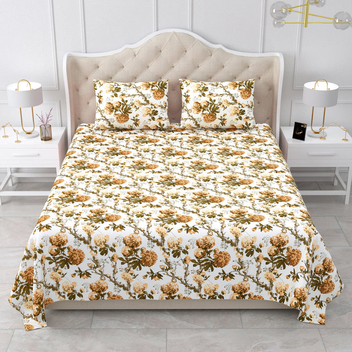 Bella Casa Fashion & Retail Ltd BEDSHEET 95 X 108 Inch / Yellow & Brown / Cotton Double King Size Bedsheet Set Cotton with 2 Pillow Covers Floral Design Yellow & Brown Colour - Snow Petals Collection