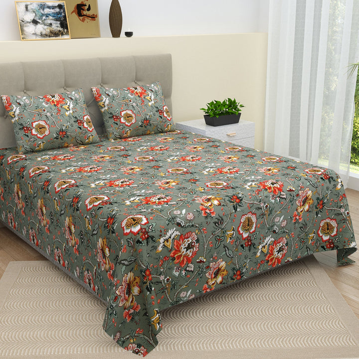 Double Bedsheet Set 100 % Pure Cotton King Size with 2 Pillow Covers Floral Multi Colour - Stella Collection