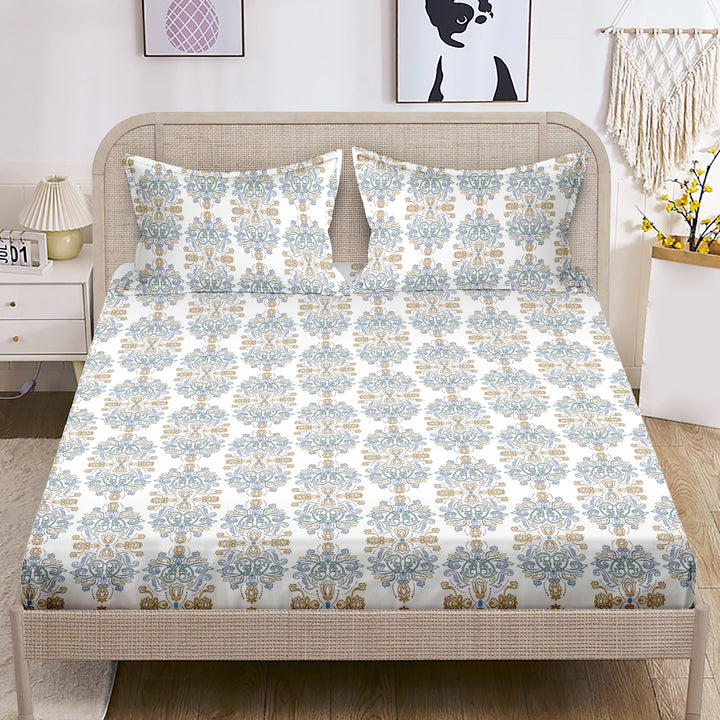 Bella Casa Fashion & Retail Ltd  BEDSHEET Double King Size Bedsheet with 2 Pillow Covers Cotton Floral Design Blue Colour - Sunshine Collection