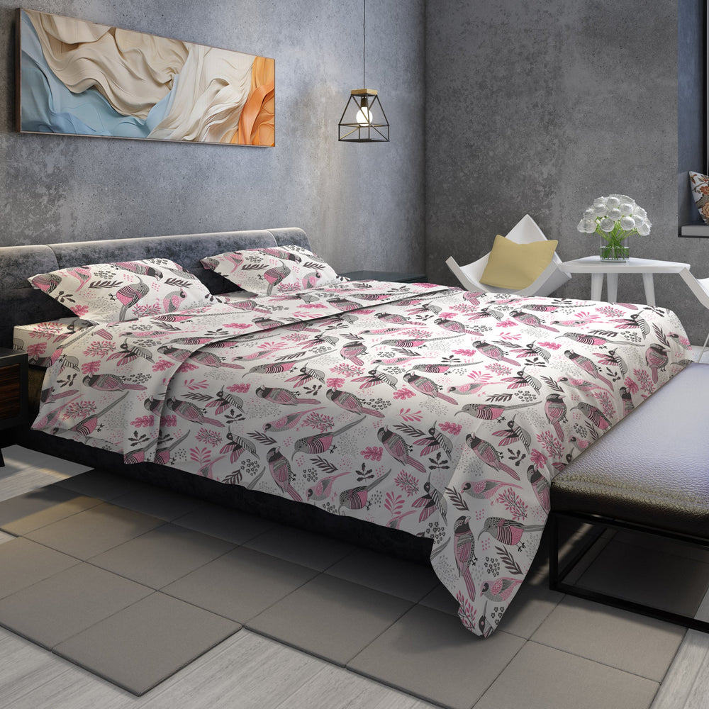 Bella Casa Fashion & Retail Ltd  Cotton King Size Bedsheets 88 X 96 Inch / Pink / Cotton Double King Size Bedsheet Cotton with 2 Pillow Covers Bird Design Pink Colour - Genteel Collection