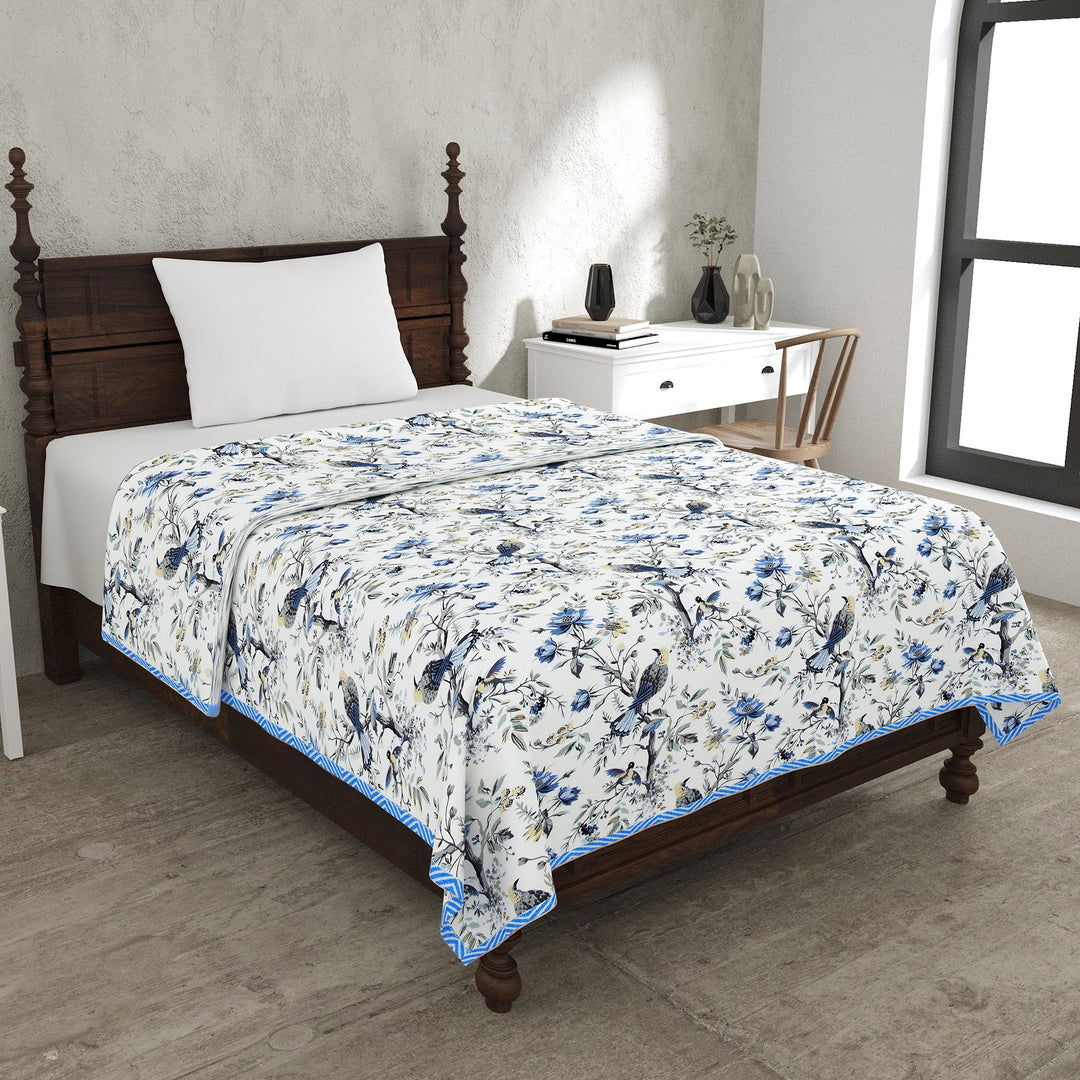Bella Casa Fashion & Retail Ltd Dohar 60 X 90 Inch / Blue & Grey / Cotton Single Cotton Dohar/AC Blanket Cotton | Blue & Grey Colored Reversible Floral Printed | Size: 152 X 228 CM - Lotus Bloom Collection