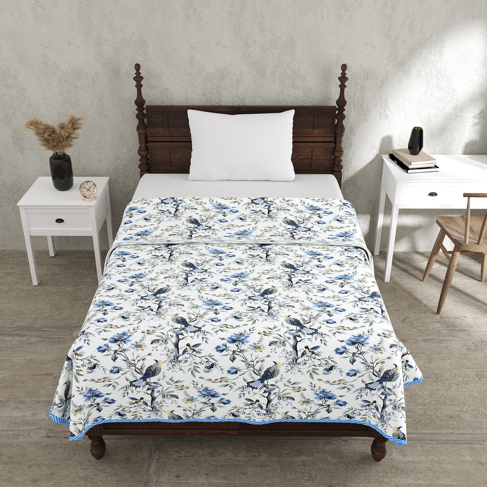 Bella Casa Fashion & Retail Ltd Dohar 60 X 90 Inch / Blue & Grey / Cotton Single Cotton Dohar/AC Blanket Cotton | Blue & Grey Colored Reversible Floral Printed | Size: 152 X 228 CM - Lotus Bloom Collection