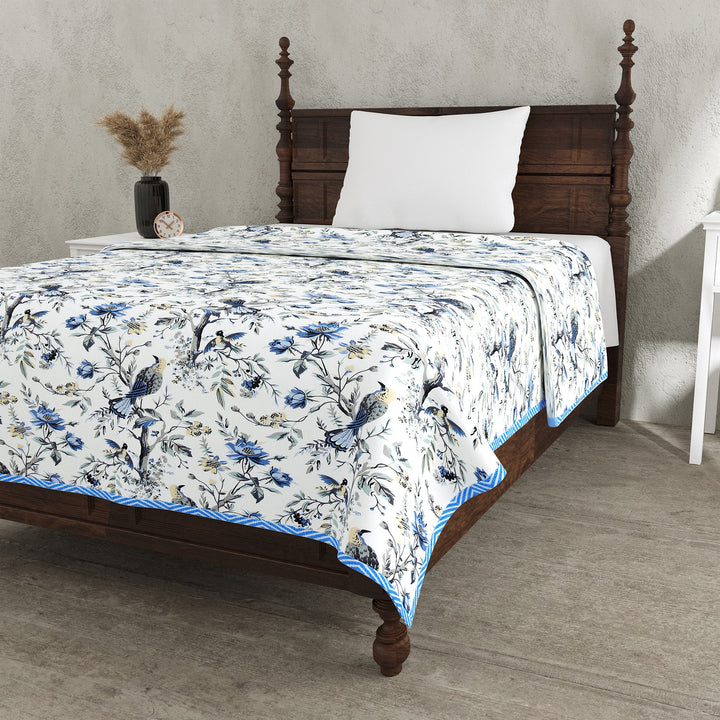 Bella Casa Fashion & Retail Ltd Dohar 60 X 90 Inch / Blue & Grey / Cotton Single Cotton Dohar/AC Blanket Cotton | Blue & Grey Colored Reversible Floral Printed | Size: 152 X 228 CM - Lotus Bloom Collection