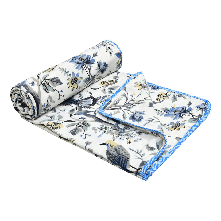 Bella Casa Fashion & Retail Ltd Dohar 60 X 90 Inch / Blue & Grey / Cotton Single Cotton Dohar/AC Blanket Cotton | Blue & Grey Colored Reversible Floral Printed | Size: 152 X 228 CM - Lotus Bloom Collection