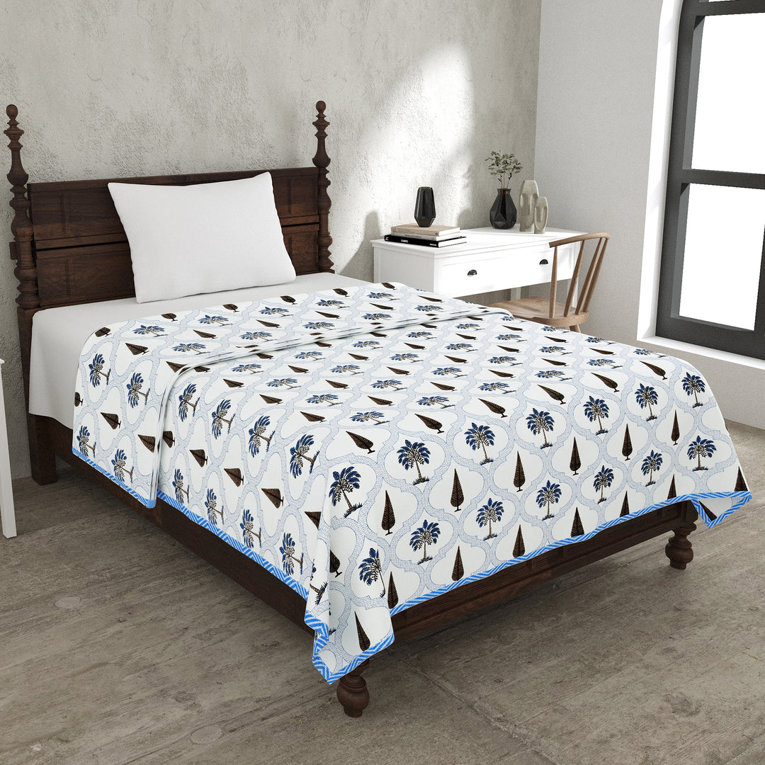 Bella Casa Fashion & Retail Ltd Dohar 60 X 90 Inch / Blue & White / Cotton Single Cotton Dohar/AC Blanket Cotton | Blue & White Colored Reversible Floral Printed | Size: 152 X 228 CM - Lotus Bloom Collection