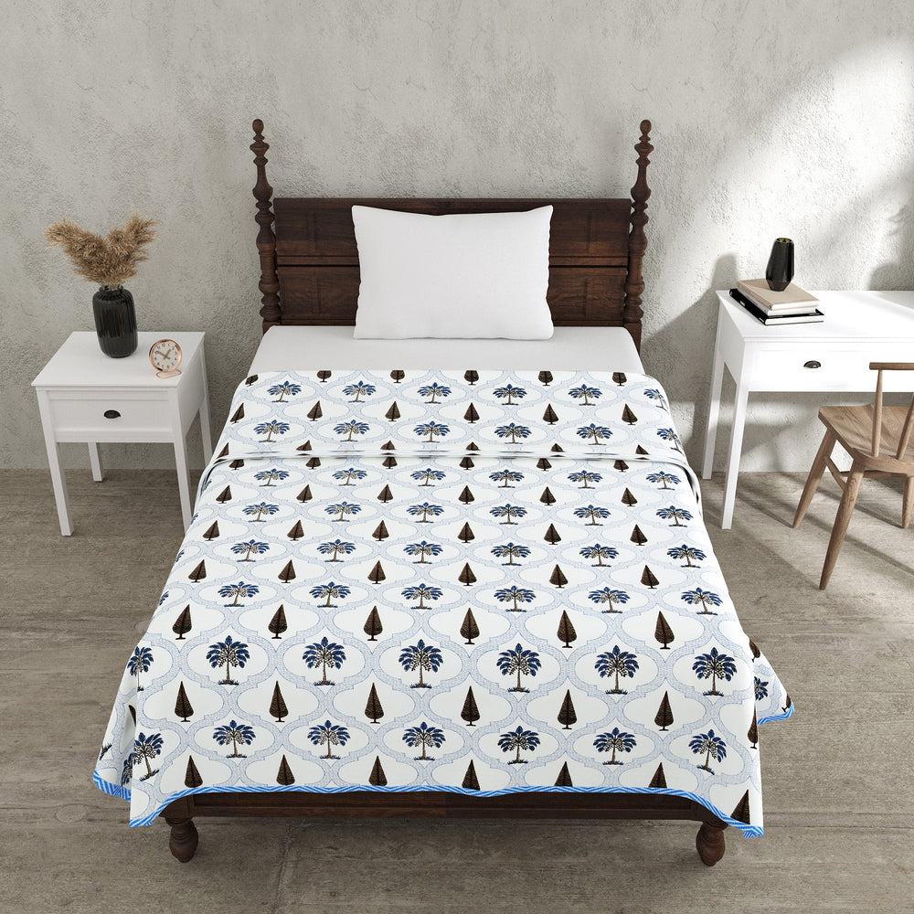 Bella Casa Fashion & Retail Ltd Dohar 60 X 90 Inch / Blue & White / Cotton Single Cotton Dohar/AC Blanket Cotton | Blue & White Colored Reversible Floral Printed | Size: 152 X 228 CM - Lotus Bloom Collection