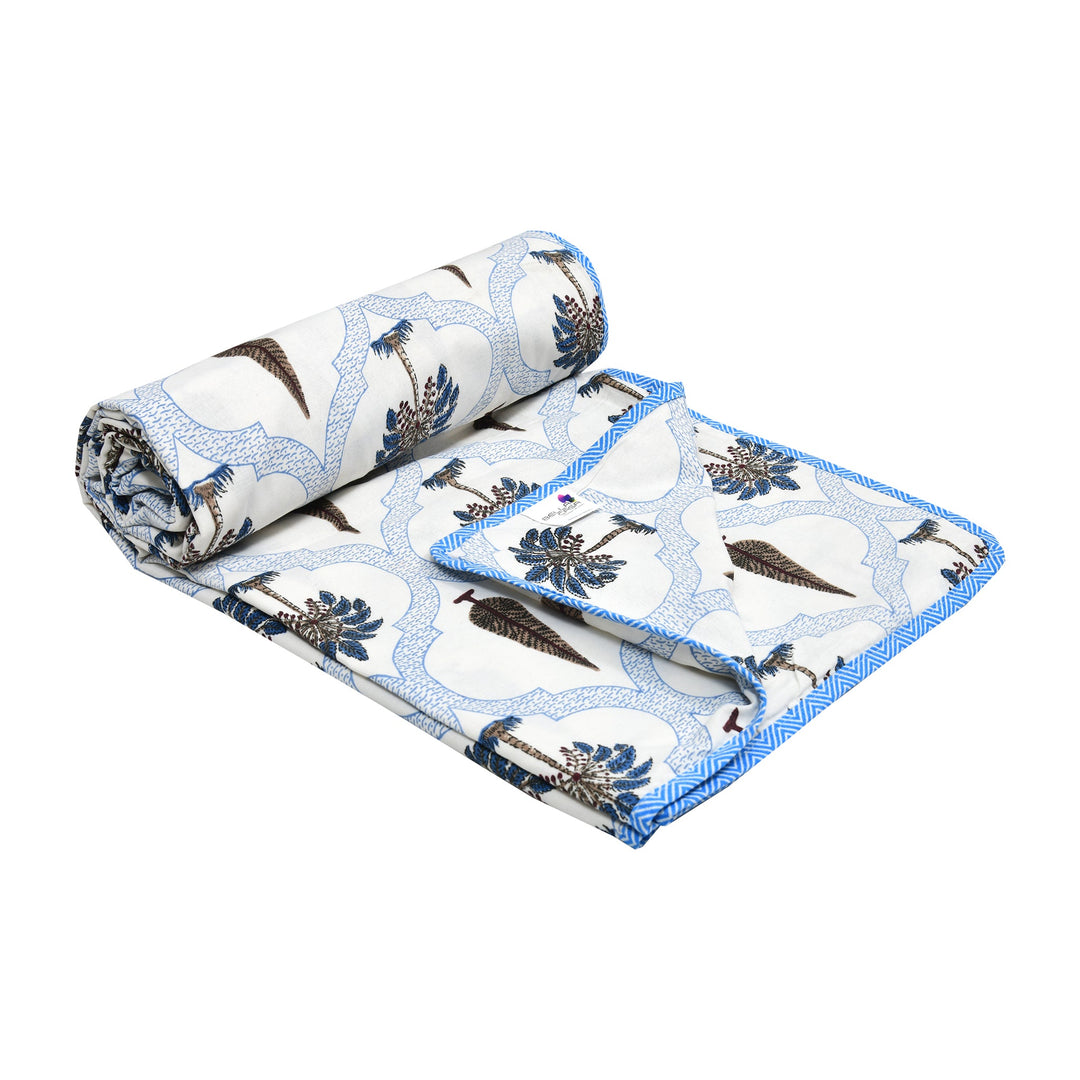 Bella Casa Fashion & Retail Ltd Dohar 60 X 90 Inch / Blue & White / Cotton Single Cotton Dohar/AC Blanket Cotton | Blue & White Colored Reversible Floral Printed | Size: 152 X 228 CM - Lotus Bloom Collection