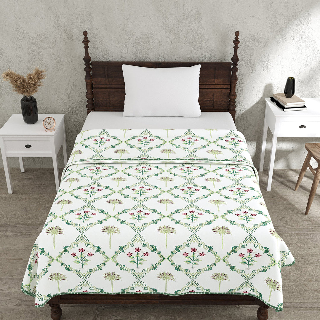 Bella Casa Fashion & Retail Ltd Dohar 60 X 90 Inch / Green & Off-white / Cotton Single Cotton Dohar/AC Blanket Cotton | Green & Off-white Colored Reversible Floral Printed | Size: 152 X 228 CM - Lotus Bloom Collection