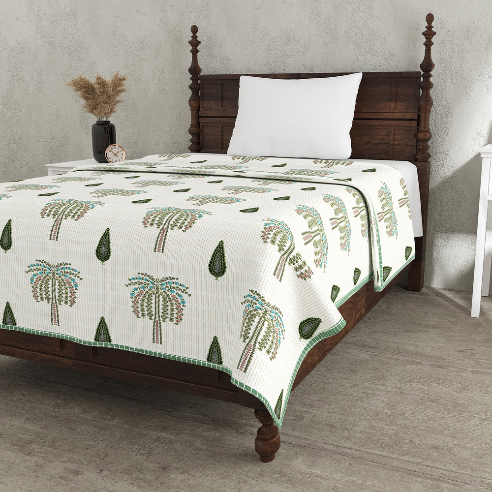 Bella Casa Fashion & Retail Ltd Dohar 60 X 90 Inch / Green & Off-white / Cotton Single Cotton Dohar/AC Blanket Cotton | Green & Off-white Colored Reversible Floral Printed | Size: 152 X 228 CM - Lotus Bloom Collection