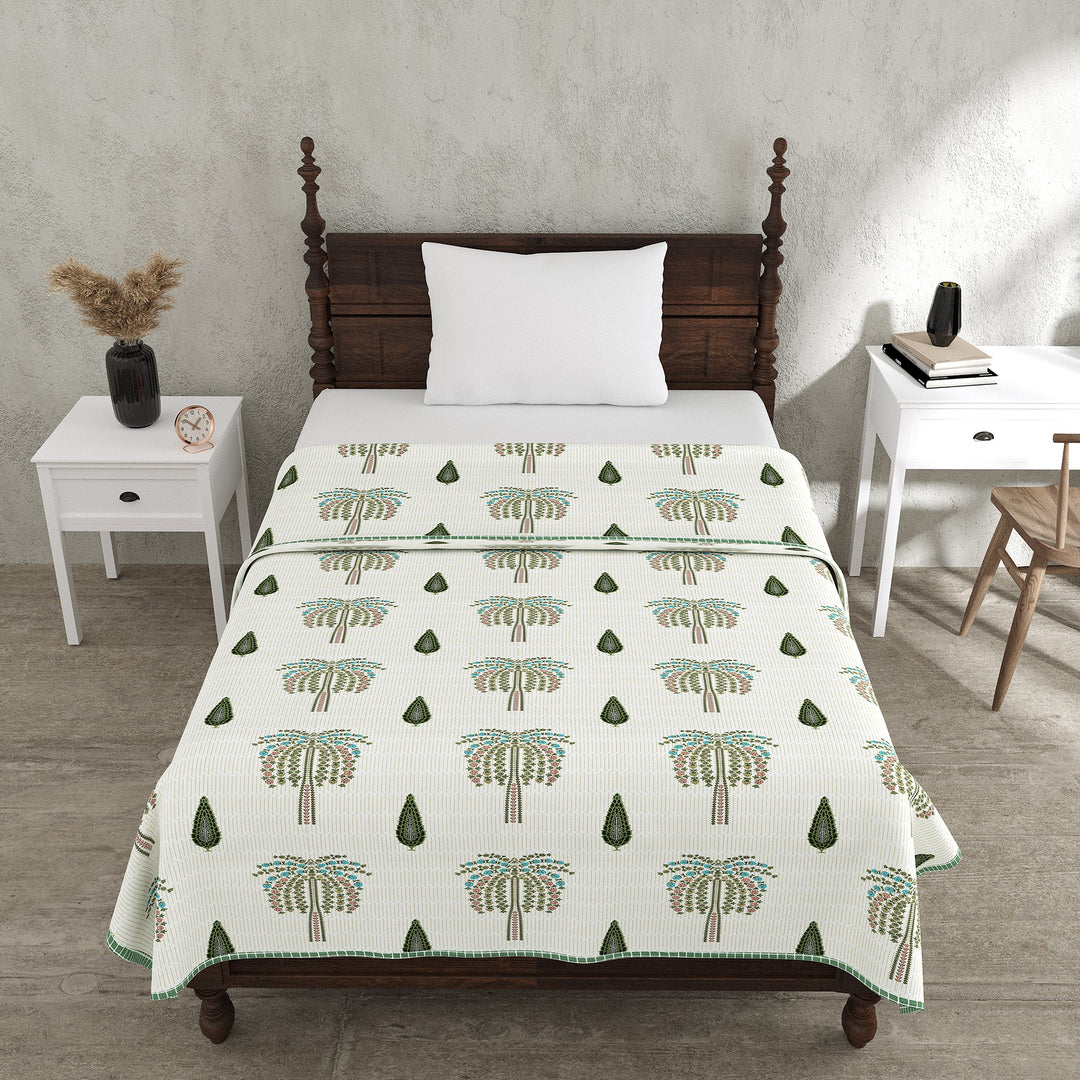 Bella Casa Fashion & Retail Ltd Dohar 60 X 90 Inch / Green & Off-white / Cotton Single Cotton Dohar/AC Blanket Cotton | Green & Off-white Colored Reversible Floral Printed | Size: 152 X 228 CM - Lotus Bloom Collection
