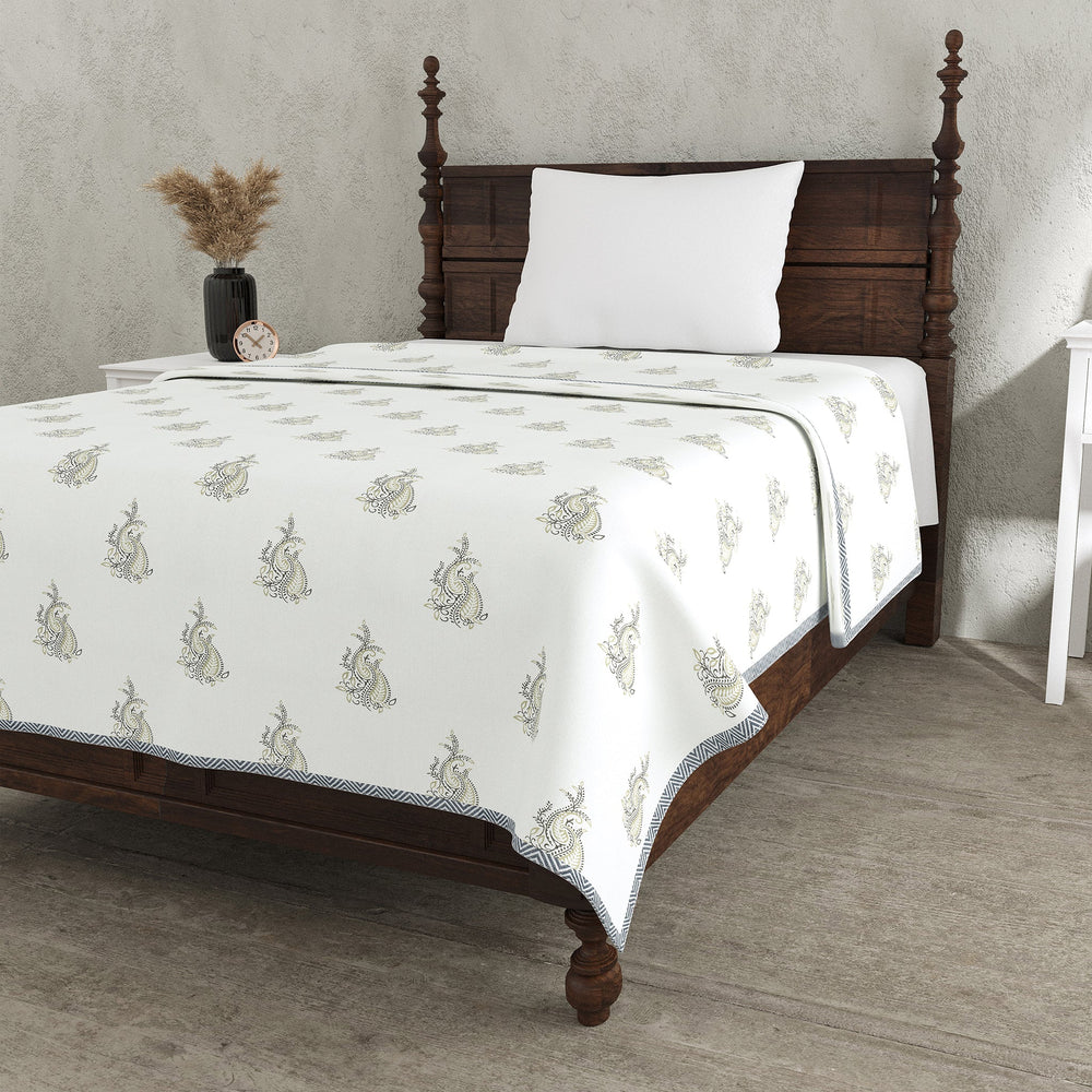 Bella Casa Fashion & Retail Ltd Dohar 60 X 90 Inch / Grey & Off-white / Cotton Single Cotton Dohar/AC Blanket Cotton | Grey & Off-white Colored Reversible Floral Printed | Size: 152 X 228 CM - Lotus Bloom Collection