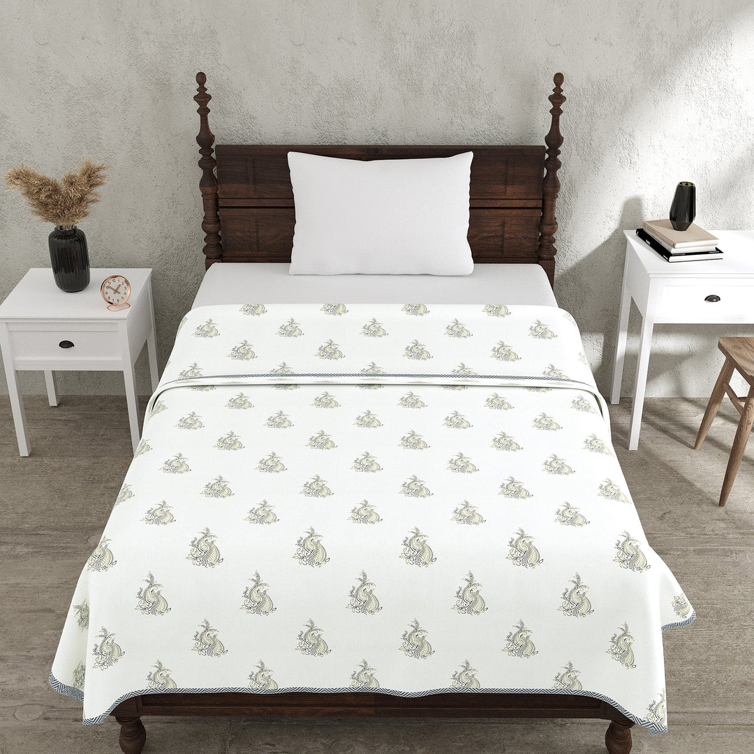 Bella Casa Fashion & Retail Ltd Dohar 60 X 90 Inch / Grey & Off-white / Cotton Single Cotton Dohar/AC Blanket Cotton | Grey & Off-white Colored Reversible Floral Printed | Size: 152 X 228 CM - Lotus Bloom Collection