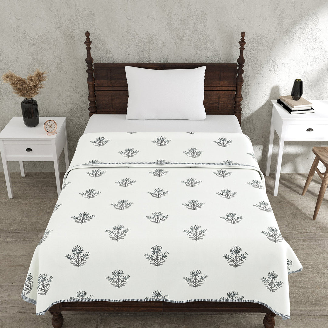Bella Casa Fashion & Retail Ltd Dohar 60 X 90 Inch / Grey & Off-white / Cotton Single Cotton Dohar/AC Blanket Cotton | Grey & Off-white Colored Reversible Floral Printed | Size: 152 X 228 CM - Lotus Bloom Collection