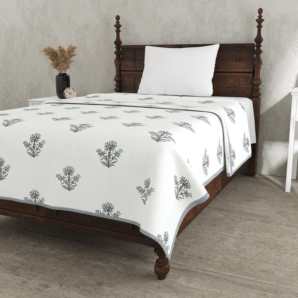Bella Casa Fashion & Retail Ltd Dohar 60 X 90 Inch / Grey & Off-white / Cotton Single Cotton Dohar/AC Blanket Cotton | Grey & Off-white Colored Reversible Floral Printed | Size: 152 X 228 CM - Lotus Bloom Collection