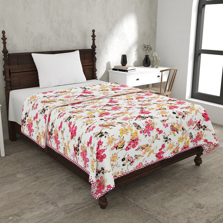 Bella Casa Fashion & Retail Ltd Dohar 60 X 90 Inch / Magenta & Yellow / Cotton Single Dohar/AC Blanket Cotton | Magenta & Yellow Colored Floral Printed | Size: 152 X 228 CM - Lotus Bloom Collection
