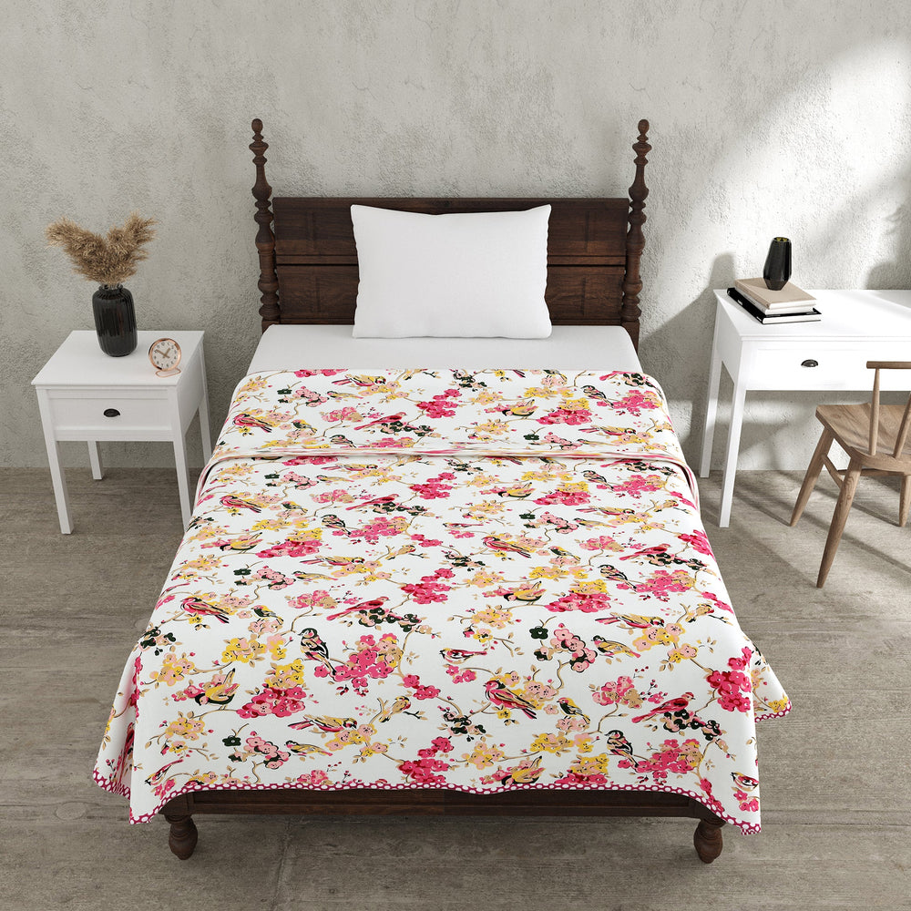 Bella Casa Fashion & Retail Ltd Dohar 60 X 90 Inch / Magenta & Yellow / Cotton Single Dohar/AC Blanket Cotton | Magenta & Yellow Colored Floral Printed | Size: 152 X 228 CM - Lotus Bloom Collection