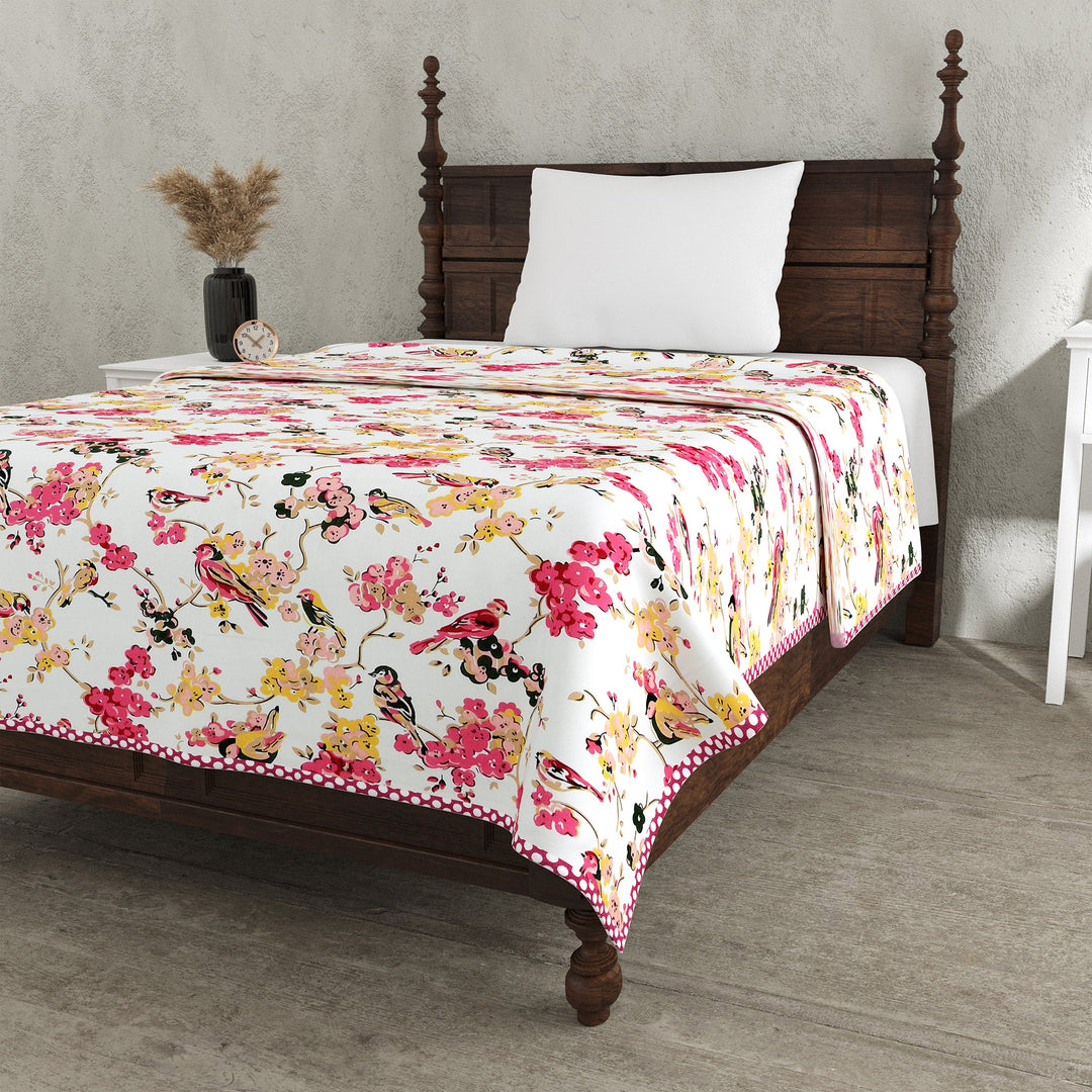 Bella Casa Fashion & Retail Ltd Dohar 60 X 90 Inch / Magenta & Yellow / Cotton Single Dohar/AC Blanket Cotton | Magenta & Yellow Colored Floral Printed | Size: 152 X 228 CM - Lotus Bloom Collection