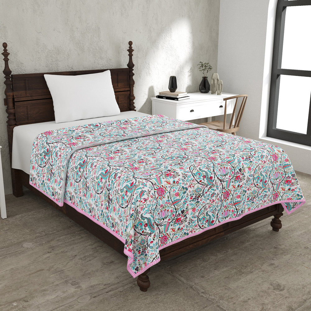 Bella Casa Fashion & Retail Ltd Dohar 60 X 90 Inch / Multi / Cotton Single Cotton Dohar/AC Blanket Cotton | Multi Colored Reversible Floral Printed | Size: 152 X 228 CM - Lotus Bloom Collection