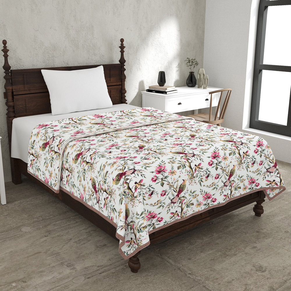 Bella Casa Fashion & Retail Ltd Dohar 60 X 90 Inch / Multi / Cotton Single Cotton Dohar/AC Blanket Cotton | Multi Colored Reversible Floral & Sparrow Printed | Size: 152 X 228 CM - Lotus Bloom Collection