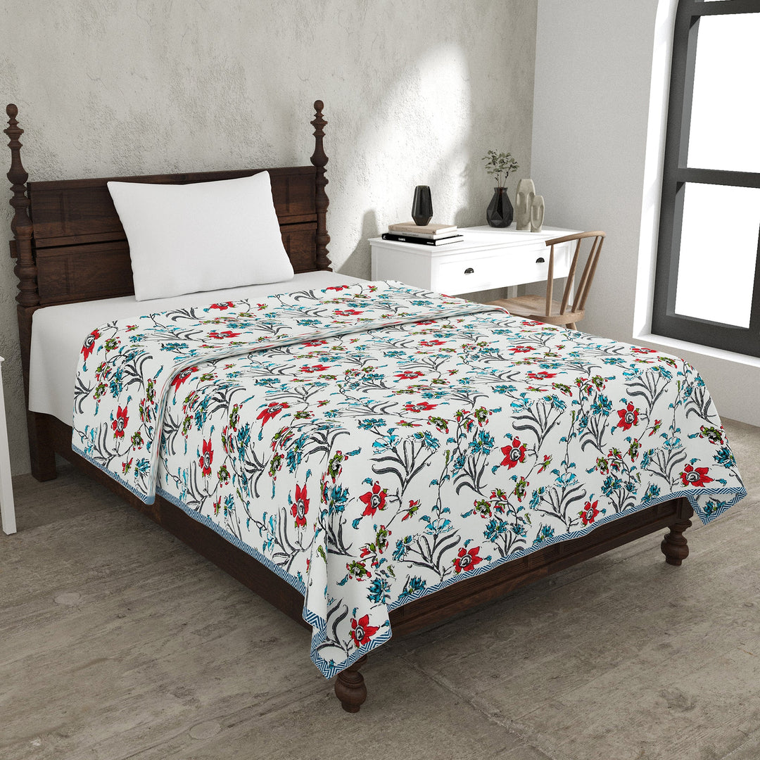 Bella Casa Fashion & Retail Ltd Dohar 60 X 90 Inch / Red & Blue / Cotton Single Cotton Dohar/AC Blanket Cotton | Red & Blue Colored Reversible Floral Printed | Size: 152 X 228 CM - Lotus Bloom Collection