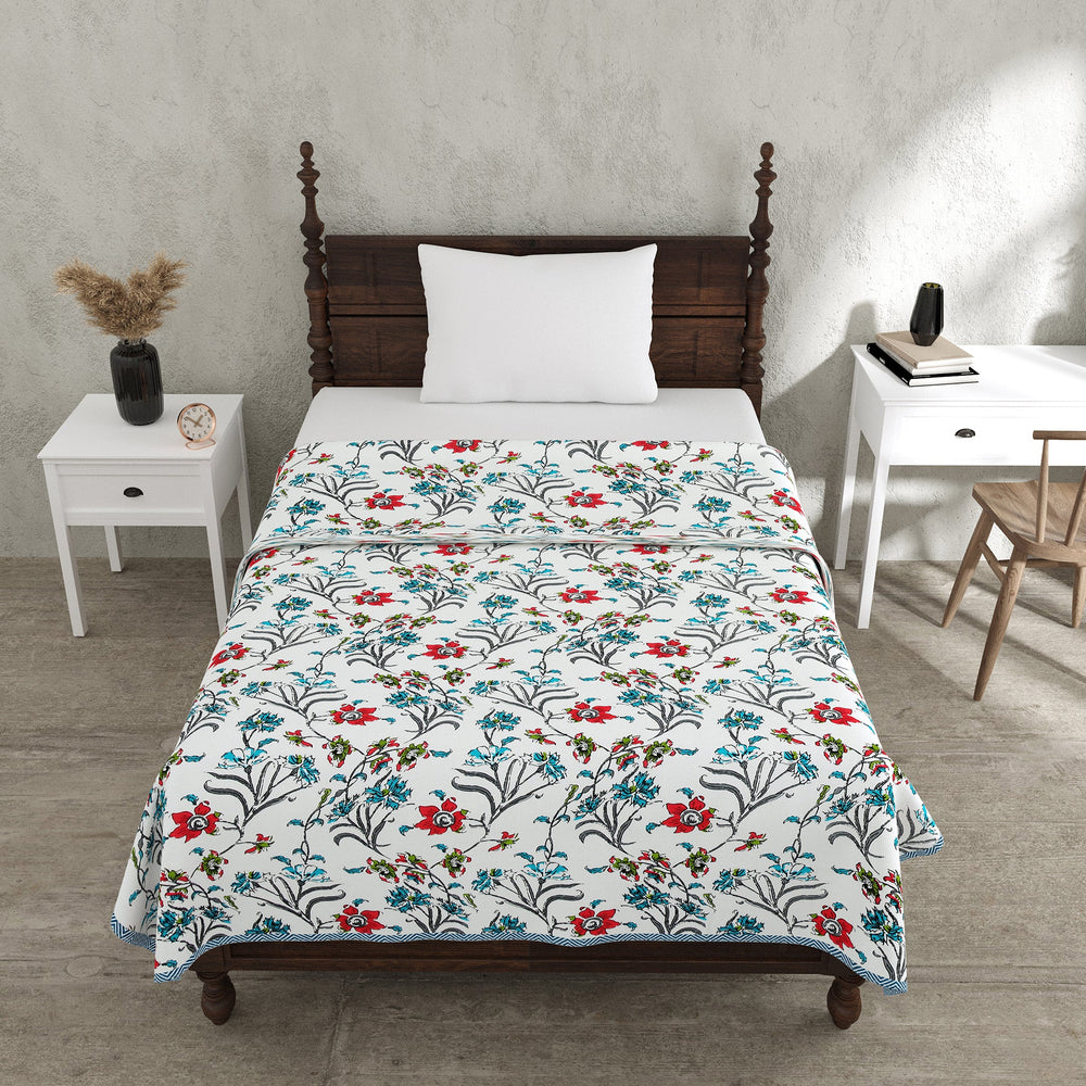 Bella Casa Fashion & Retail Ltd Dohar 60 X 90 Inch / Red & Blue / Cotton Single Cotton Dohar/AC Blanket Cotton | Red & Blue Colored Reversible Floral Printed | Size: 152 X 228 CM - Lotus Bloom Collection