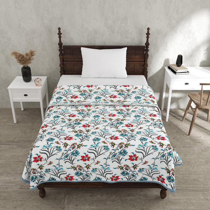 Bella Casa Fashion & Retail Ltd Dohar 60 X 90 Inch / Red & Blue / Cotton Single Cotton Dohar/AC Blanket Cotton | Red & Blue Colored Reversible Floral Printed | Size: 152 X 228 CM - Lotus Bloom Collection