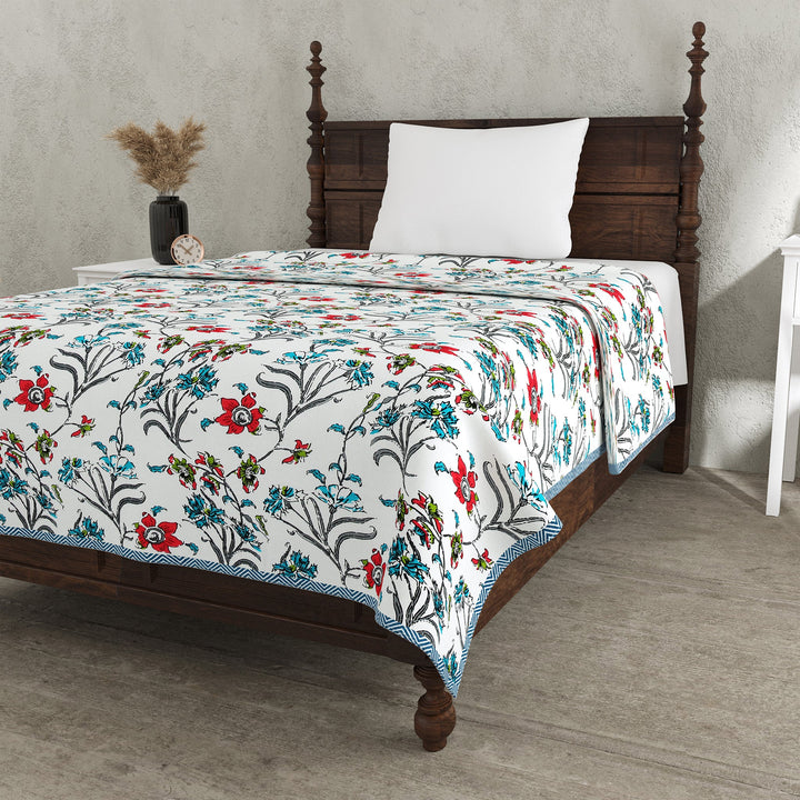 Bella Casa Fashion & Retail Ltd Dohar 60 X 90 Inch / Red & Blue / Cotton Single Cotton Dohar/AC Blanket Cotton | Red & Blue Colored Reversible Floral Printed | Size: 152 X 228 CM - Lotus Bloom Collection