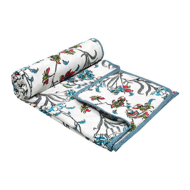 Bella Casa Fashion & Retail Ltd Dohar 60 X 90 Inch / Red & Blue / Cotton Single Cotton Dohar/AC Blanket Cotton | Red & Blue Colored Reversible Floral Printed | Size: 152 X 228 CM - Lotus Bloom Collection