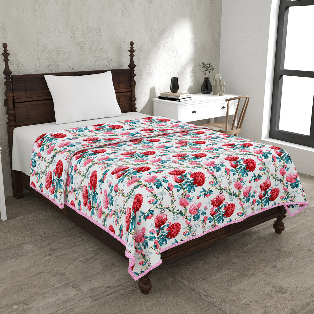 Bella Casa Fashion & Retail Ltd Dohar 60 X 90 Inch / Red & Green / Cotton Single Cotton Dohar/AC Blanket Cotton | Red & Green Colored Reversible Floral Printed | Size: 152 X 228 CM - Lotus Bloom Collection