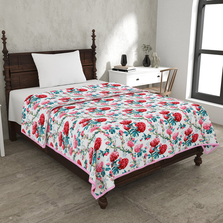 Bella Casa Fashion & Retail Ltd Dohar 60 X 90 Inch / Red & Green / Cotton Single Cotton Dohar/AC Blanket Cotton | Red & Green Colored Reversible Floral Printed | Size: 152 X 228 CM - Lotus Bloom Collection