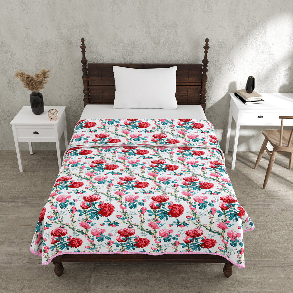 Bella Casa Fashion & Retail Ltd Dohar 60 X 90 Inch / Red & Green / Cotton Single Cotton Dohar/AC Blanket Cotton | Red & Green Colored Reversible Floral Printed | Size: 152 X 228 CM - Lotus Bloom Collection