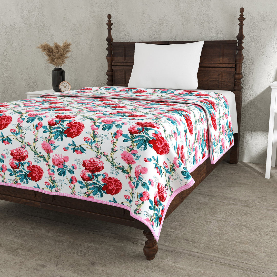 Bella Casa Fashion & Retail Ltd Dohar 60 X 90 Inch / Red & Green / Cotton Single Cotton Dohar/AC Blanket Cotton | Red & Green Colored Reversible Floral Printed | Size: 152 X 228 CM - Lotus Bloom Collection