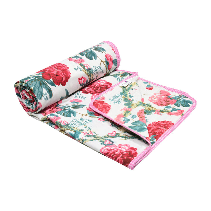Bella Casa Fashion & Retail Ltd Dohar 60 X 90 Inch / Red & Green / Cotton Single Cotton Dohar/AC Blanket Cotton | Red & Green Colored Reversible Floral Printed | Size: 152 X 228 CM - Lotus Bloom Collection