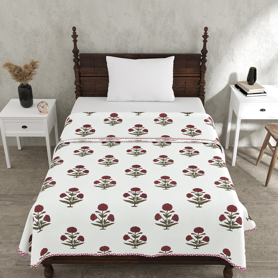 Bella Casa Fashion & Retail Ltd Dohar 60 X 90 Inch / Red & Off-white / Cotton Single Cotton Dohar/AC Blanket Cotton | Red & Off-white Colored Reversible Floral Printed | Size: 152 X 228 CM - Lotus Bloom Collection