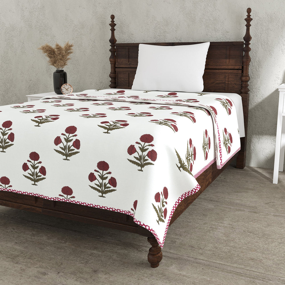 Bella Casa Fashion & Retail Ltd Dohar 60 X 90 Inch / Red & Off-white / Cotton Single Cotton Dohar/AC Blanket Cotton | Red & Off-white Colored Reversible Floral Printed | Size: 152 X 228 CM - Lotus Bloom Collection
