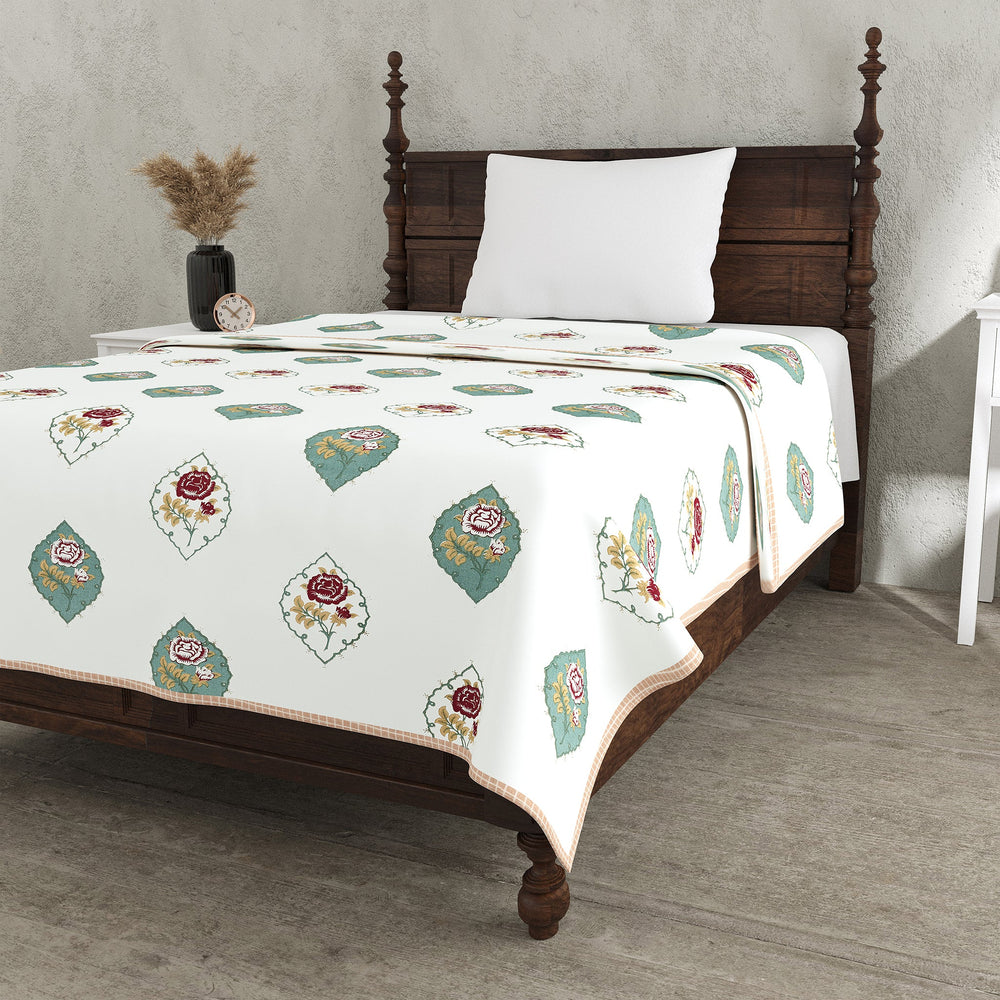 Bella Casa Fashion & Retail Ltd Dohar 60 X 90 Inch / Teal & Off-white / Cotton Single Cotton Dohar/AC Blanket Cotton | Teal & Off-white Colored Reversible Floral Printed | Size: 152 X 228 CM - Lotus Bloom Collection