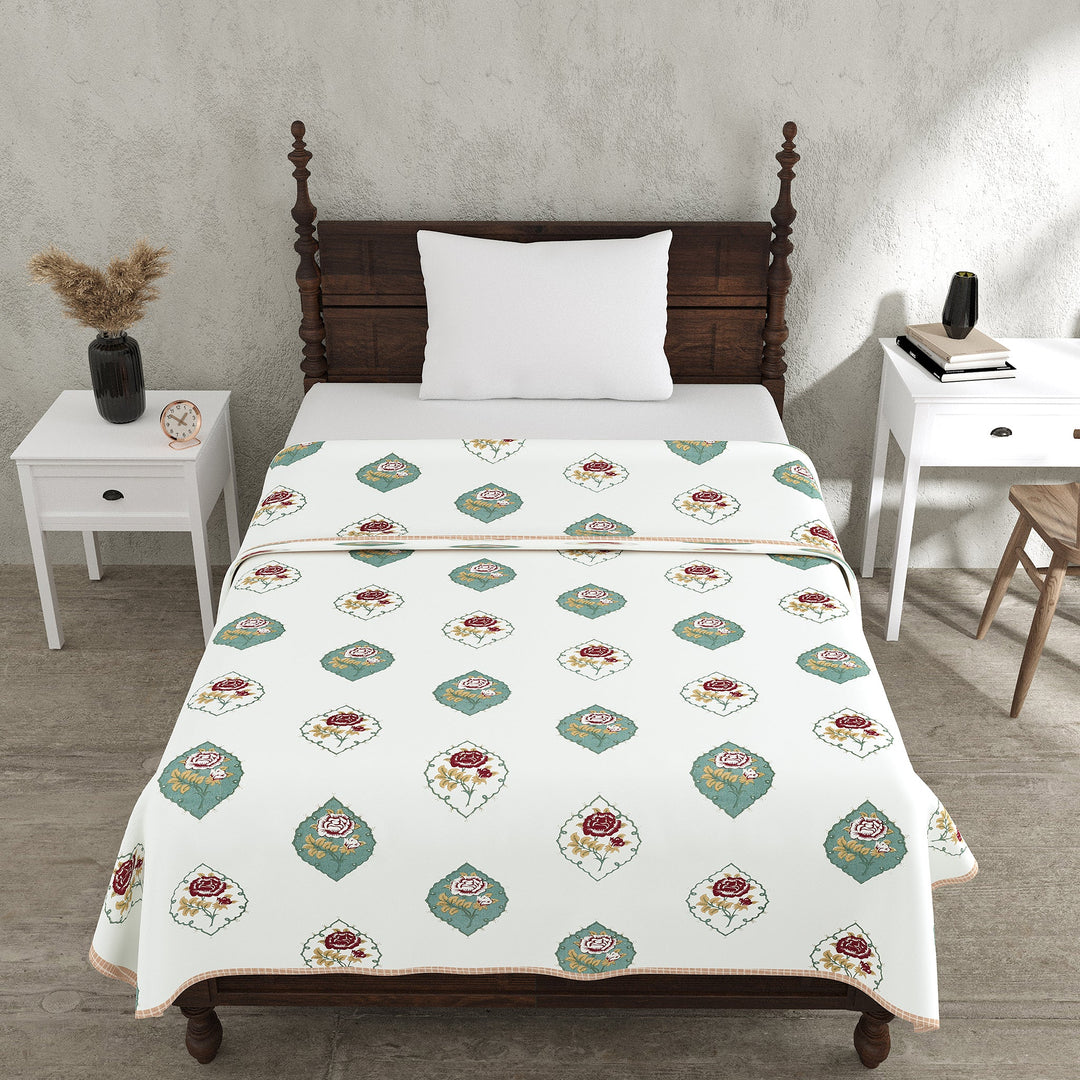 Bella Casa Fashion & Retail Ltd Dohar 60 X 90 Inch / Teal & Off-white / Cotton Single Cotton Dohar/AC Blanket Cotton | Teal & Off-white Colored Reversible Floral Printed | Size: 152 X 228 CM - Lotus Bloom Collection