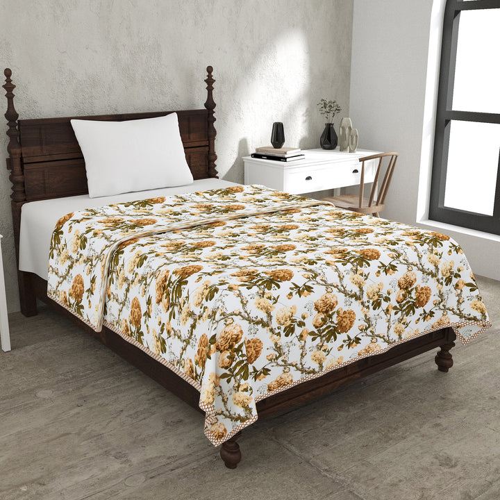 Bella Casa Fashion & Retail Ltd Dohar 60 X 90 Inch / Yellow & Brown / Cotton Single Cotton Dohar/AC Blanket Cotton | Yellow & Brown Colored Reversible Floral Printed | Size: 152 X 228 CM - Lotus Bloom Collection
