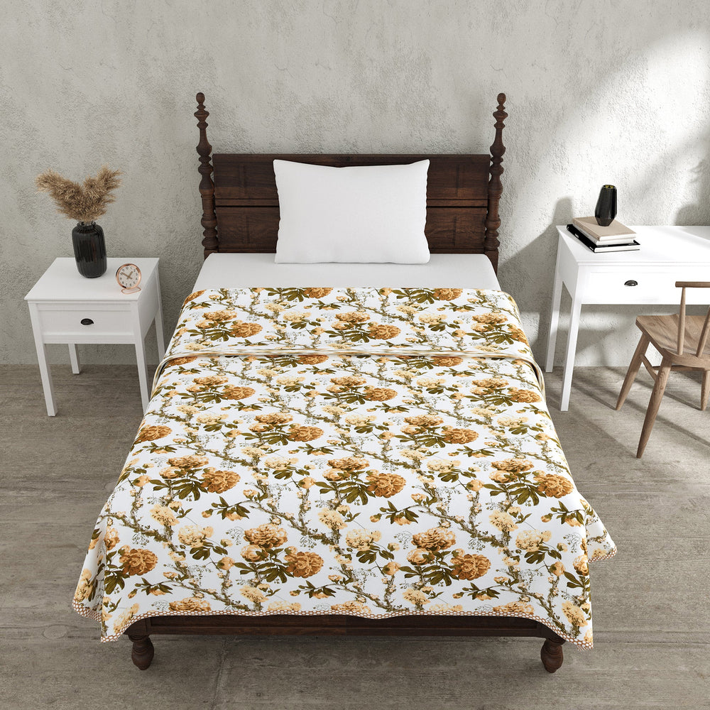 Bella Casa Fashion & Retail Ltd Dohar 60 X 90 Inch / Yellow & Brown / Cotton Single Cotton Dohar/AC Blanket Cotton | Yellow & Brown Colored Reversible Floral Printed | Size: 152 X 228 CM - Lotus Bloom Collection