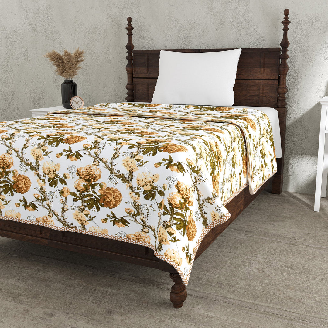 Bella Casa Fashion & Retail Ltd Dohar 60 X 90 Inch / Yellow & Brown / Cotton Single Cotton Dohar/AC Blanket Cotton | Yellow & Brown Colored Reversible Floral Printed | Size: 152 X 228 CM - Lotus Bloom Collection