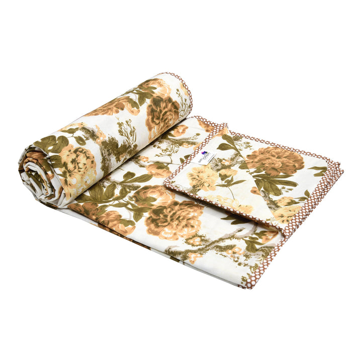 Bella Casa Fashion & Retail Ltd Dohar 60 X 90 Inch / Yellow & Brown / Cotton Single Cotton Dohar/AC Blanket Cotton | Yellow & Brown Colored Reversible Floral Printed | Size: 152 X 228 CM - Lotus Bloom Collection