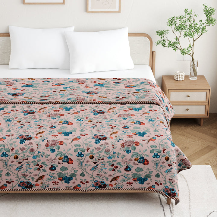 Bella Casa Fashion & Retail Ltd Dohar 90 X 100 Inch / Peach & Blue / Cotton Double Dohar/AC Blanket Cotton | Peach & Blue Colored Floral Printed | Size: 228 X 254 CM - Jaipuri Jharokha Collection
