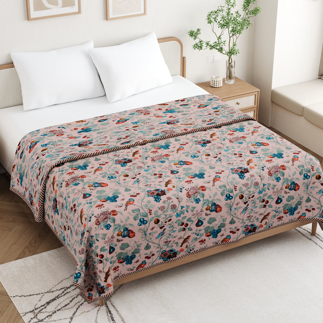 Bella Casa Fashion & Retail Ltd Dohar 90 X 100 Inch / Peach & Blue / Cotton Double Dohar/AC Blanket Cotton | Peach & Blue Colored Floral Printed | Size: 228 X 254 CM - Jaipuri Jharokha Collection