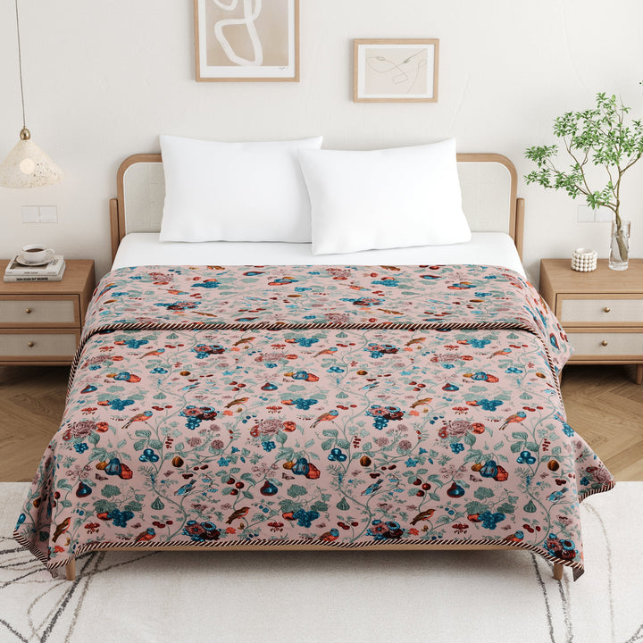 Bella Casa Fashion & Retail Ltd Dohar 90 X 100 Inch / Peach & Blue / Cotton Double Dohar/AC Blanket Cotton | Peach & Blue Colored Floral Printed | Size: 228 X 254 CM - Jaipuri Jharokha Collection