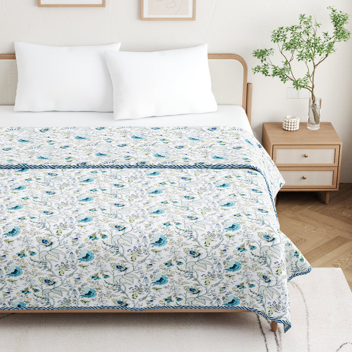 Bella Casa Fashion & Retail Ltd Dohar 90 X 100 Inch / White & Blue / Cotton Double Dohar/AC Blanket Cotton | White & Blue Colored Floral Printed | Size: 228 X 254 CM - Jaipuri Jharokha Collection