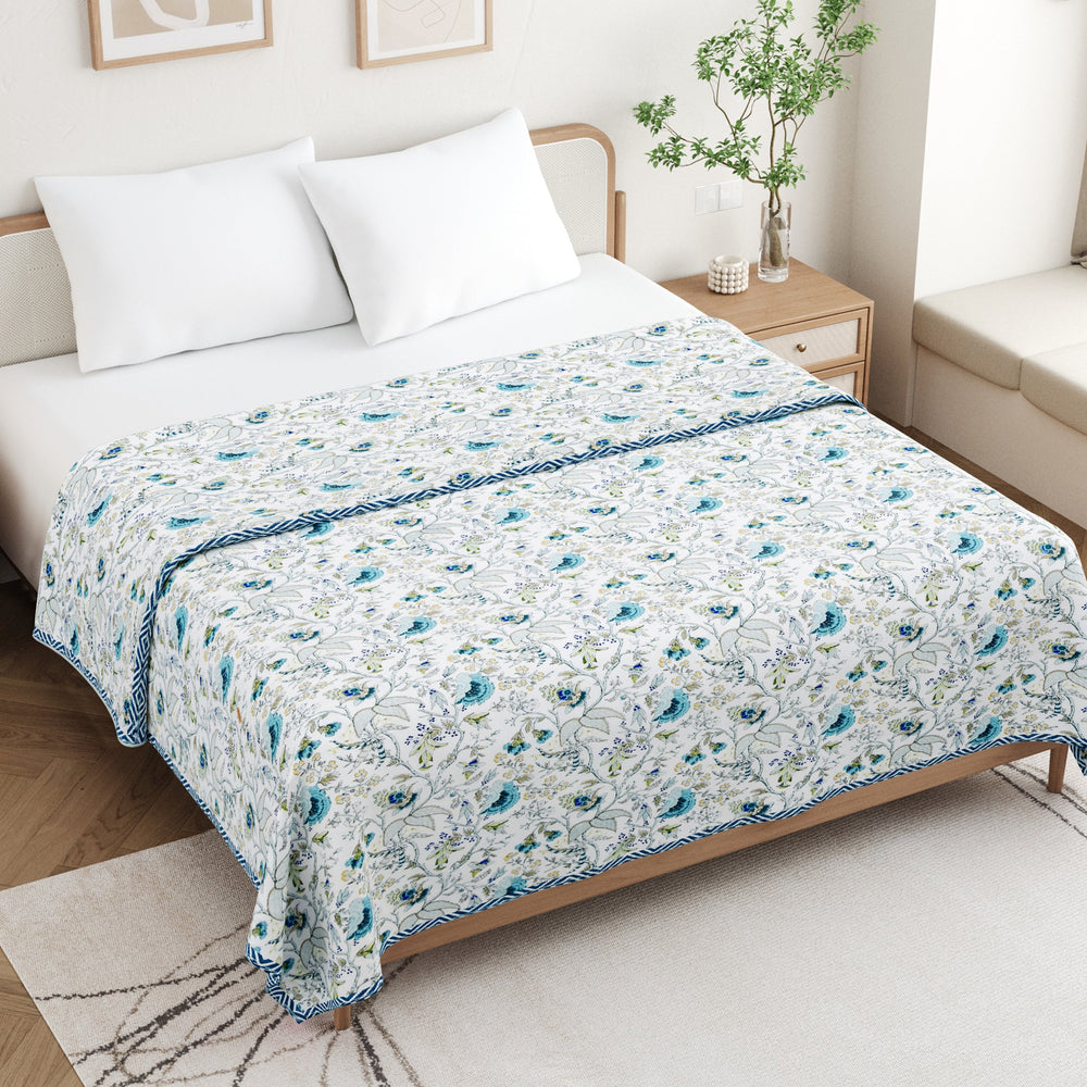 Bella Casa Fashion & Retail Ltd Dohar 90 X 100 Inch / White & Blue / Cotton Double Dohar/AC Blanket Cotton | White & Blue Colored Floral Printed | Size: 228 X 254 CM - Jaipuri Jharokha Collection