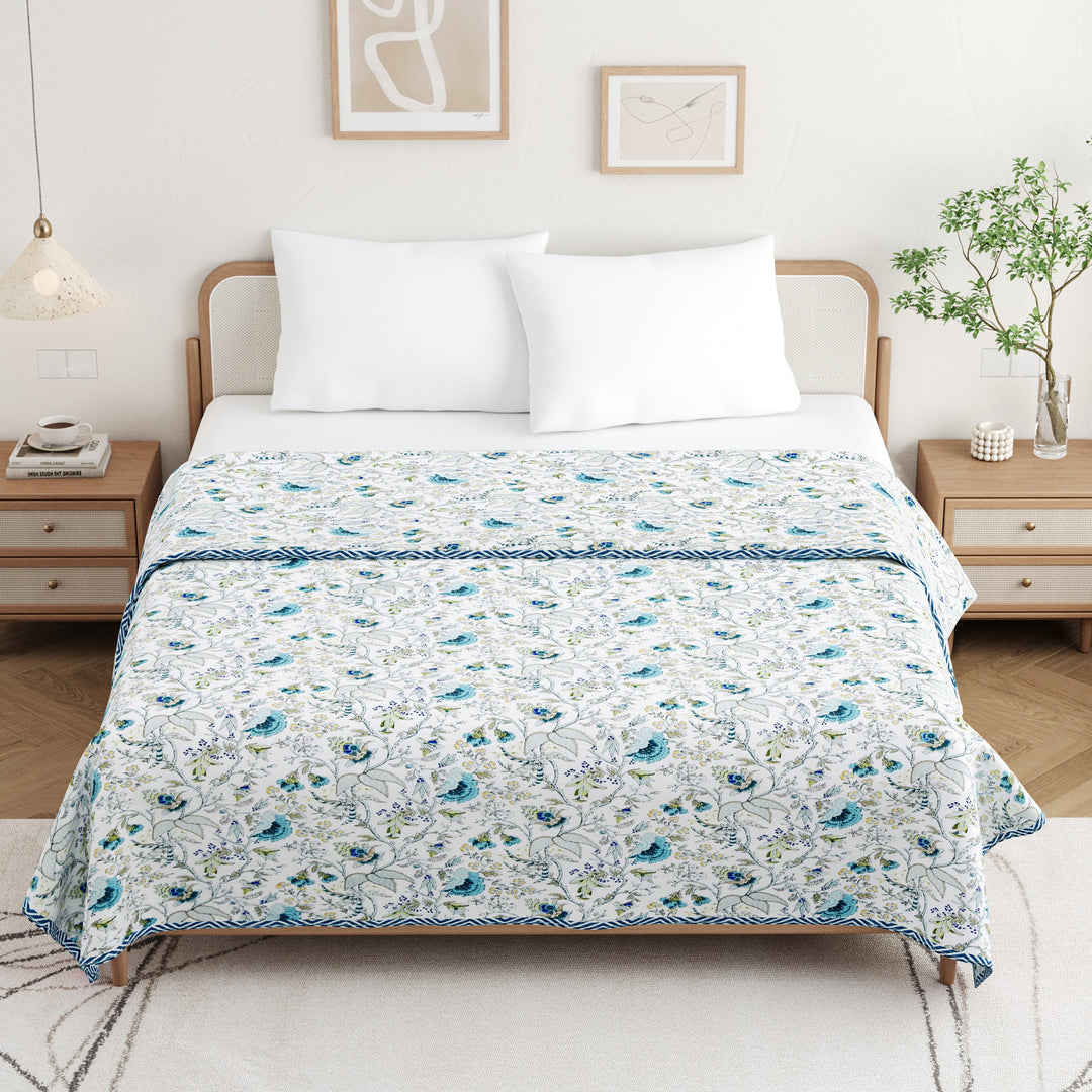 Bella Casa Fashion & Retail Ltd Dohar 90 X 100 Inch / White & Blue / Cotton Double Dohar/AC Blanket Cotton | White & Blue Colored Floral Printed | Size: 228 X 254 CM - Jaipuri Jharokha Collection